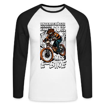 50. Geburtstag Pedelec E-Bike - Unisex Baseballshirt langarm - Weiß/Schwarz - Vorne - Nik (191cm)