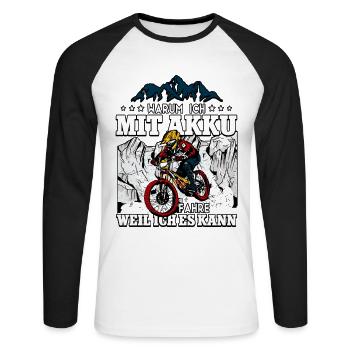 Warum ich mit Akku fahre Pedelec E-Bike - Unisex Baseballshirt langarm - Weiß/Schwarz - Vorne - Nik (191cm)