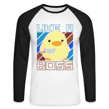 Comme un patron - Ente mit Messer Duck with Knife Meme - T-shirt baseball manches longues Homme - blanc/noir - Devant - Nik (191cm)