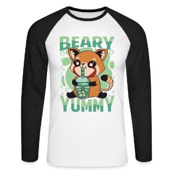 Beary Yummy - Niedlicher roter Panda - Milchtee - Unisex Baseballshirt langarm - Weiß/Schwarz - Vorne - Nik (191cm)