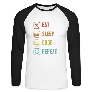 Eat Sleep Code Repeat Full Stack Coder Software - Unisex Long Sleeve Baseball T-Shirt - white/black - Front - Nik (191cm)