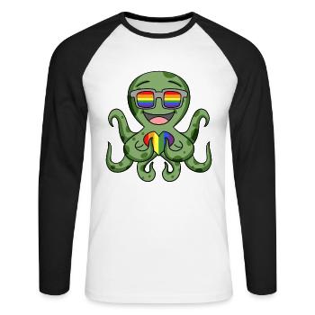 LGBT Tier Krake Regenbogen - Unisex Baseballshirt langarm - Weiß/Schwarz - Vorne - Nik (191cm)