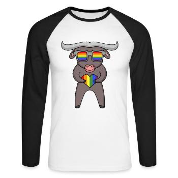 LGBT Tier Ochse Regenbogen - Unisex Baseballshirt langarm - Weiß/Schwarz - Vorne - Nik (191cm)