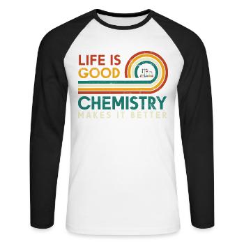 Life is good, chemistry makes it better - Unisex Long Sleeve Baseball T-Shirt - white/black - Front - Nik (191cm)