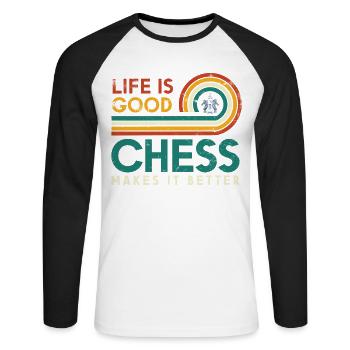 Life is good. Chess makes it better - Unisex Long Sleeve Baseball T-Shirt - white/black - Front - Nik (191cm)