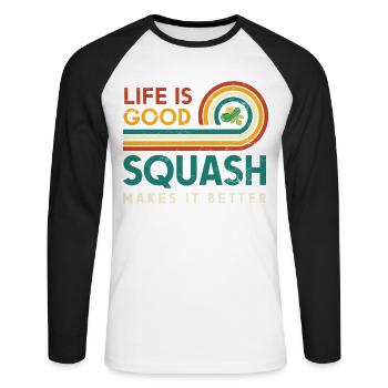 Das Leben Ist Gut. Squash Macht Es Besser - Unisex Baseballshirt langarm - Weiß/Schwarz - Vorne - Nik (191cm)