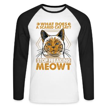 Que dit un chat effrayé? Blagues drôles de papa - T-shirt baseball manches longues Homme - blanc/noir - Devant - Nik (191cm)