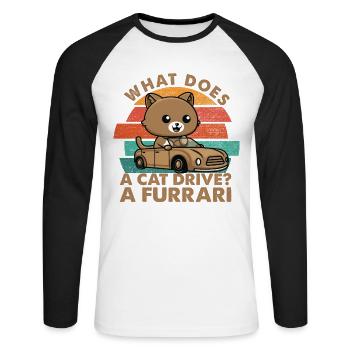What Does A Cat Drive? A Furrari - Papa-Witze - Unisex Baseballshirt langarm - Weiß/Schwarz - Vorne - Nik (191cm)