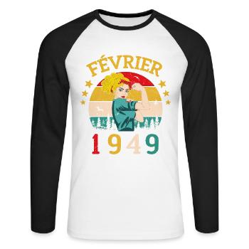 Février 1949 anniversaire idée cadeau vintage 1949 - T-shirt baseball manches longues Homme - blanc/noir - Devant - Nik (191cm)