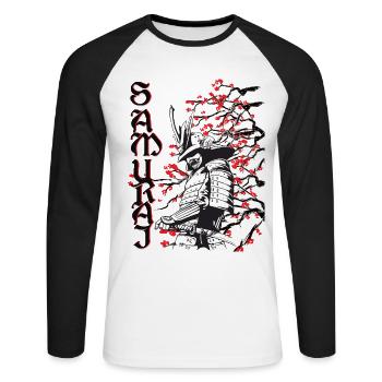 Samurai mit Kirschblüten - Unisex Baseballshirt langarm - Weiß/Schwarz - Vorne - Nik (191cm)