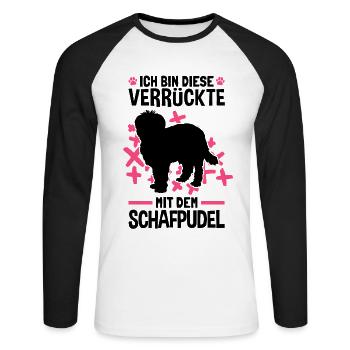 Verrückte mit Schafpudel zotthaariger Hütepudel - Unisex Baseballshirt langarm - Weiß/Schwarz - Vorne - Nik (191cm)