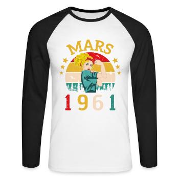 Mars 1961 Anniversaire Idée Cadeau Vintage 1961 - T-shirt baseball manches longues Homme - blanc/noir - Devant - Nik (191cm)
