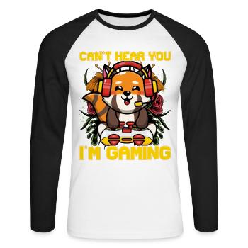 Can't hear you I'm gaming Katzenbär - Unisex Baseballshirt langarm - Weiß/Schwarz - Vorne - Nik (191cm)