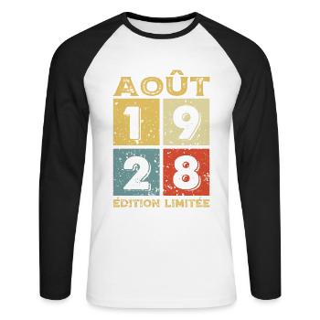 Août 1928 Original Idée Cadeau Anniversaire - T-shirt baseball manches longues Homme - blanc/noir - Devant - Nik (191cm)