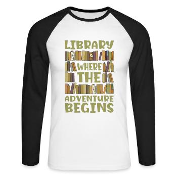 Bibliothèque où l’aventure pour les amateurs de livres - T-shirt baseball manches longues Homme - blanc/noir - Devant - Nik (191cm)