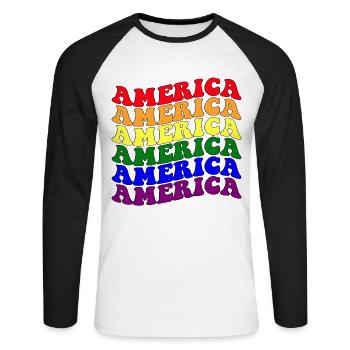 Amérique Merica Mois de la fierté LGBT - T-shirt baseball manches longues Homme - blanc/noir - Devant - Nik (191cm)