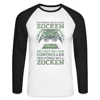 Der König will zocken Gamer Spruch mit Controller - Unisex Baseballshirt langarm - Weiß/Schwarz - Vorne - Nik (191cm)