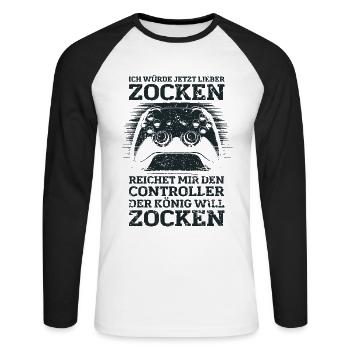 Der König will zocken Gamer Spruch mit Controller - Unisex Baseballshirt langarm - Weiß/Schwarz - Vorne - Nik (191cm)