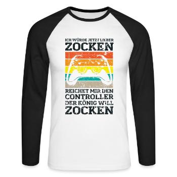 Der König will zocken Gamer Spruch mit Controller - Unisex Baseballshirt langarm - Weiß/Schwarz - Vorne - Nik (191cm)