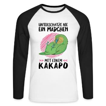 Mädchen mit Kakapo flugunfähiger Papagei - Unisex Baseballshirt langarm - Weiß/Schwarz - Vorne - Nik (191cm)