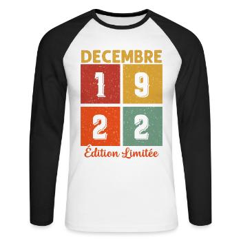 Décembre 1922 Edition limitée Cadeau Anniversaire - T-shirt baseball manches longues Homme - blanc/noir - Devant - Nik (191cm)
