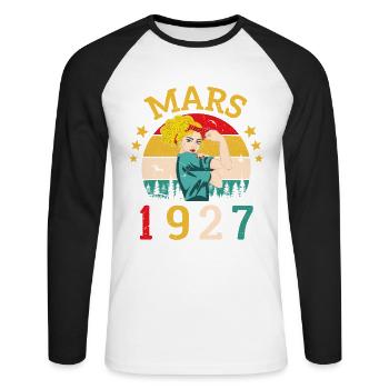 Mars 1927 Anniversaire Idée Cadeau Vintage 1927 - T-shirt baseball manches longues Homme - blanc/noir - Devant - Nik (191cm)