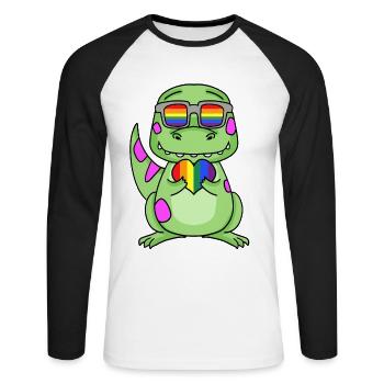 LGBT Tier Dinosaurier Regenbogen Herz - Unisex Baseballshirt langarm - Weiß/Schwarz - Vorne - Nik (191cm)
