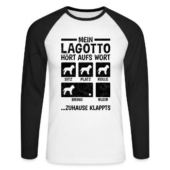 Lagotto Romagnolo Hundetricks Wasserhund - Unisex Baseballshirt langarm - Weiß/Schwarz - Vorne - Nik (191cm)
