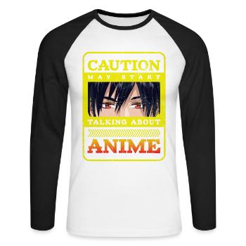Caution Can Start Talking About Anime - Unisex Long Sleeve Baseball T-Shirt - white/black - Front - Nik (191cm)