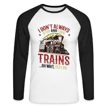 Halten Sie an und schauen Sie sich Züge an. - Unisex Baseballshirt langarm - Weiß/Schwarz - Vorne - Nik (191cm)