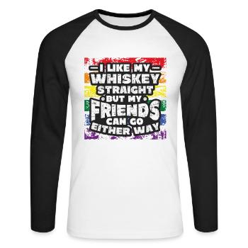 Likes my whiskey straight, I support LGBT. - Unisex Long Sleeve Baseball T-Shirt - white/black - Front - Nik (191cm)