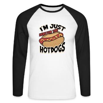 I'm just here for the hotdogs - dachshund - Unisex Long Sleeve Baseball T-Shirt - white/black - Front - Nik (191cm)