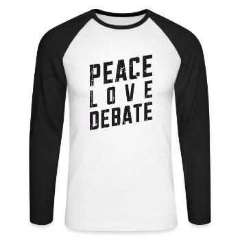 Peace Love Debate - morality - Unisex Long Sleeve Baseball T-Shirt - white/black - Front - Nik (191cm)