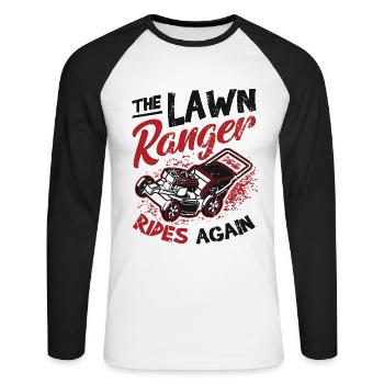 The Lawn Ranger Rides Again Lawn Care Lawn Mower - Unisex Long Sleeve Baseball T-Shirt - white/black - Front - Nik (191cm)