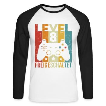 Level 8 Freigeschaltet 8 Geburtstag Junge Mädchen - Unisex Baseballshirt langarm - Weiß/Schwarz - Vorne - Nik (191cm)