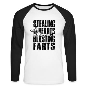 Herzen stehlen und Fürze sprengen - doggy - Unisex Baseballshirt langarm - Weiß/Schwarz - Vorne - Nik (191cm)