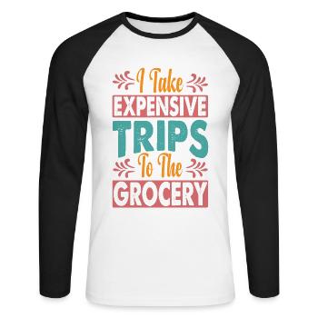 Je fais des voyages coûteux à l’épicerie - drôle - T-shirt baseball manches longues Homme - blanc/noir - Devant - Nik (191cm)