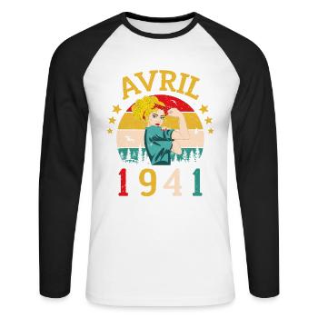 Vintage Flourish Cadeau Anniversaire Avril 1941 - T-shirt baseball manches longues Homme - blanc/noir - Devant - Nik (191cm)