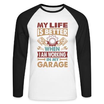 ma vie est meilleure quand je travaille dans mon garage - - T-shirt baseball manches longues Homme - blanc/noir - Devant - Nik (191cm)