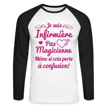 Je suis infirmière pas magicienne Cadeau Humour - T-shirt baseball manches longues Homme - blanc/noir - Devant - Nik (191cm)