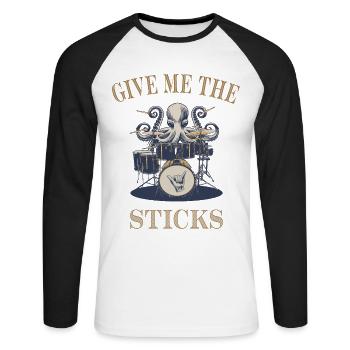 Give me the Sticks Drummer Octopus - Unisex Long Sleeve Baseball T-Shirt - white/black - Front - Nik (191cm)