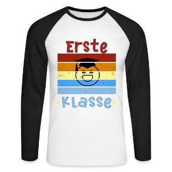 1. Klasse Smile Schulbeginn T shirt - Unisex Baseballshirt langarm - Weiß/Schwarz - Vorne - Nik (191cm)