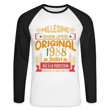 Millésime Né(e) Juillet 1988 Cadeau Anniversaire - T-shirt baseball manches longues Homme - blanc/noir - Devant - Nik (191cm)