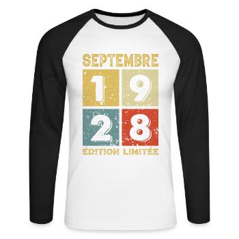 Septembre 1928 Original Idée Cadeau Anniversaire - T-shirt baseball manches longues Homme - blanc/noir - Devant - Nik (191cm)