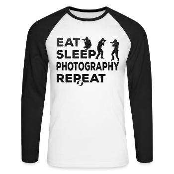 Photographe appareil photo Nourriture Sommeil Photographie Amateurs - T-shirt baseball manches longues Homme - blanc/noir - Devant - Nik (191cm)