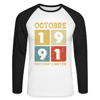 Octobre 1991 Anniversaire Idée Cadeau Vintage - T-shirt baseball manches longues Homme - blanc/noir - Devant - Nik (191cm)