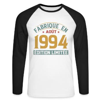 Août 1994 Original Idée Cadeau Anniversaire - T-shirt baseball manches longues Homme - blanc/noir - Devant - Nik (191cm)