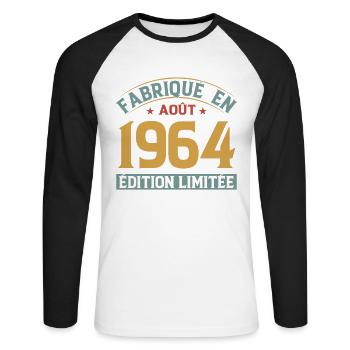 Août 1964 Original Idée Cadeau Anniversaire - T-shirt baseball manches longues Homme - blanc/noir - Devant - Nik (191cm)