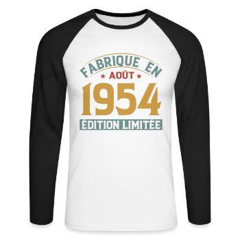 Août 1954 Original Idée Cadeau Anniversaire - T-shirt baseball manches longues Homme - blanc/noir - Devant - Nik (191cm)
