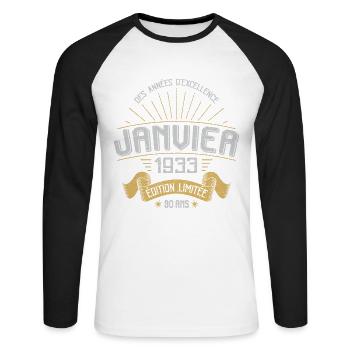 Des Années D'excellence Janvier 1933 90 Ans - T-shirt baseball manches longues Homme - blanc/noir - Devant - Nik (191cm)